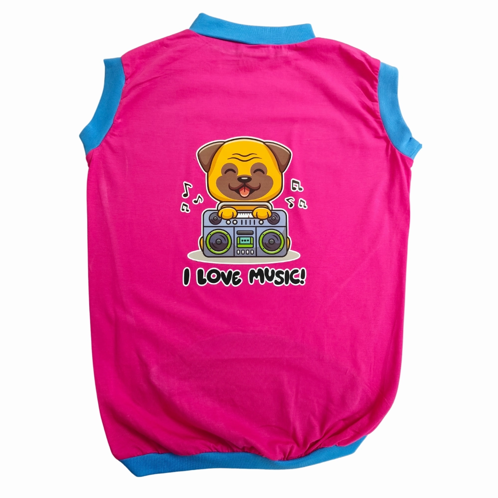 Cheeku I Love Music Graphic Cotton T Shirt for Dogs and Cats (Fuschia)