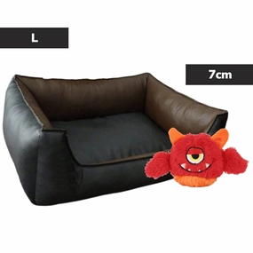 Fluffy's Pawsome Brown & Black Leather Sofa Bed & Basil Red Plush Monster Squeaky Toy Dogs & Cats Combo