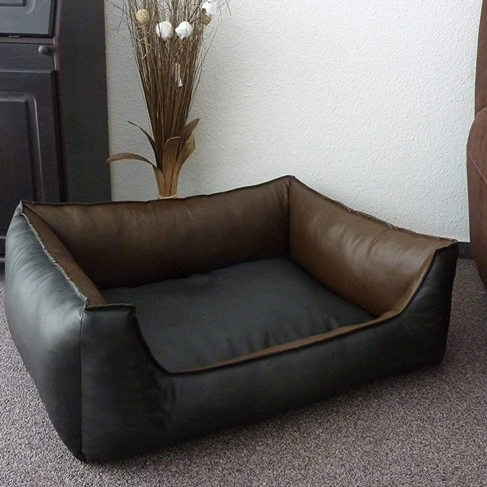 Fluffy's Pawsome Brown & Black Leather Sofa Bed & Basil Red Plush Monster Squeaky Toy Dogs & Cats Combo