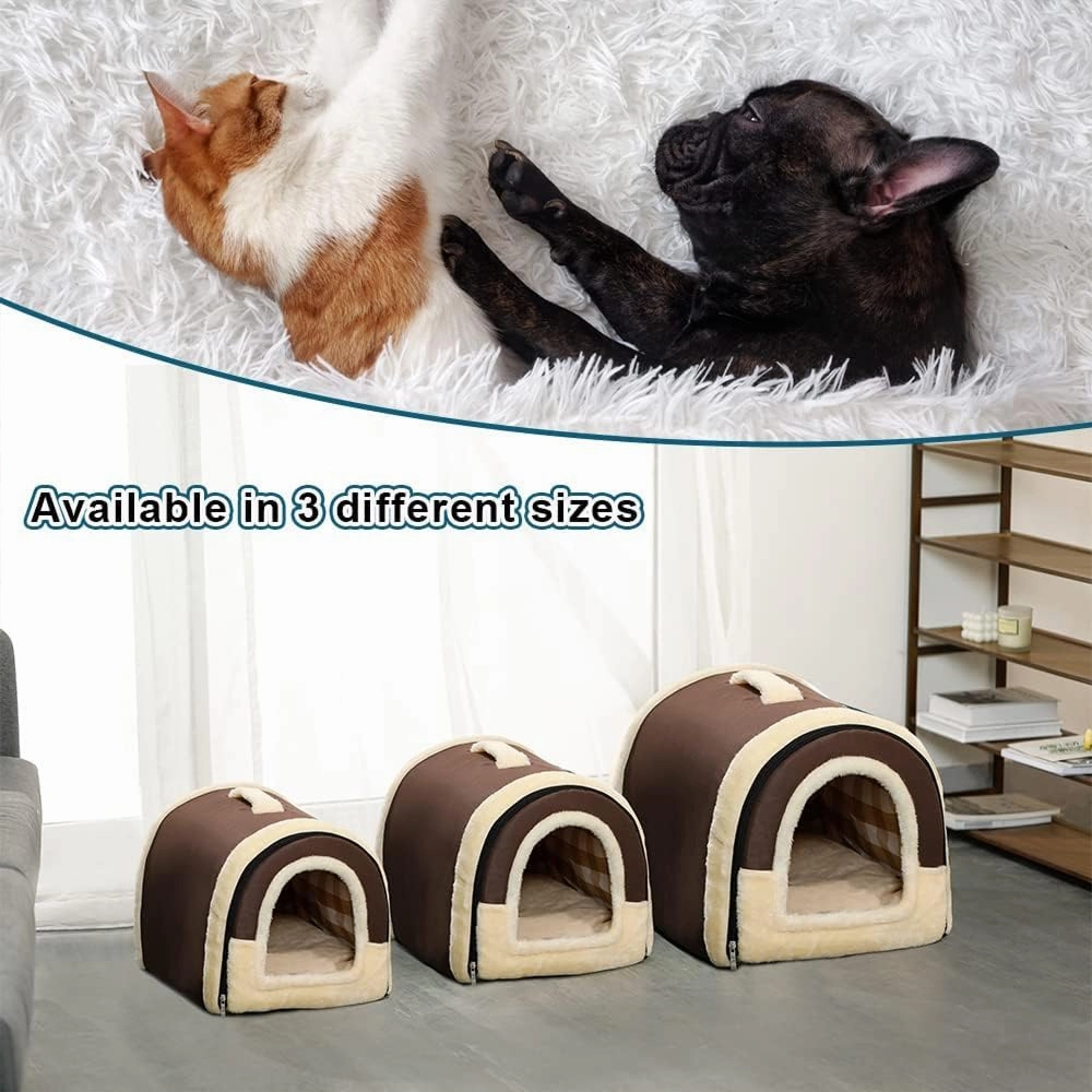 Fluffy's Pawsome Igloo 2 in 1 Foldable Ultra Soft Pet House Bed for Dogs and Cats (Brown)