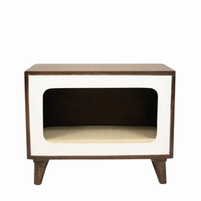 FurryLiving Telly Side Table with Cushion for Small Dogs and Cats (Dark Brown/Cream Cushion)