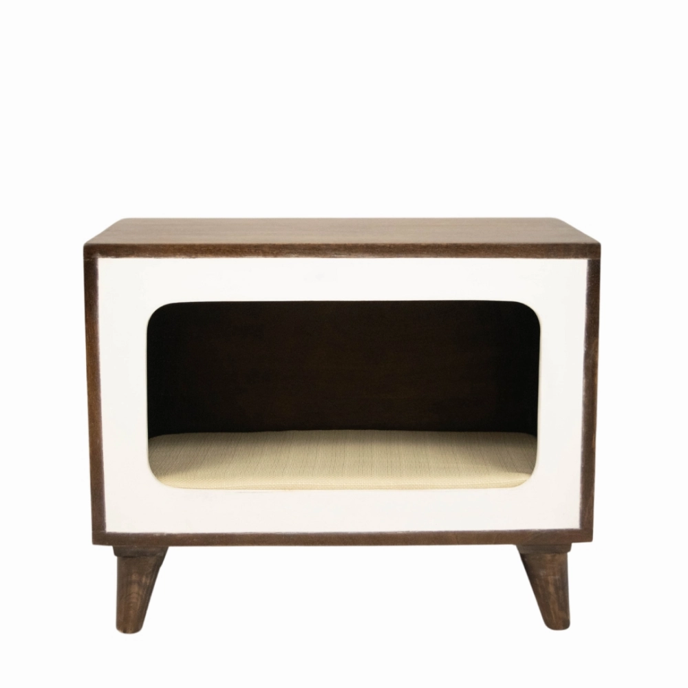 FurryLiving Telly Side Table with Cushion for Small Dogs and Cats (Dark Brown/Cream Cushion)