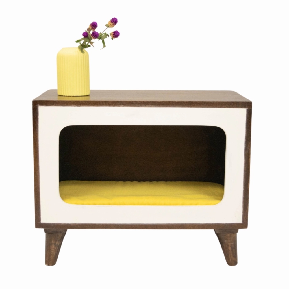 FurryLiving Telly Side Table with Cushion for Small Dogs and Cats (Dark Brown/Yellow Cushion)