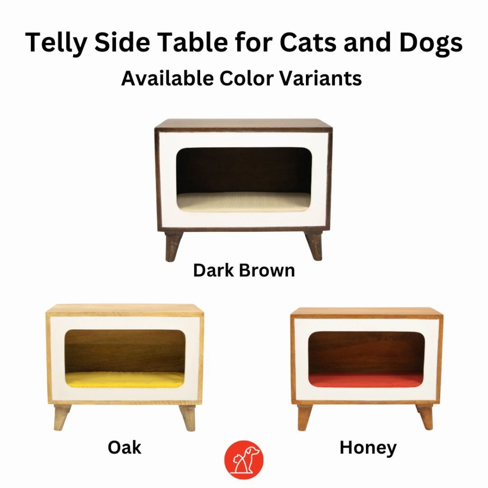 FurryLiving Telly Side Table with Cushion for Small Dogs and Cats (Honey/Red Cushion)