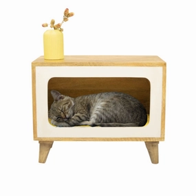 FurryLiving Telly Side Table with Cushion for Small Dogs and Cats (Oak/Cream Cushion)