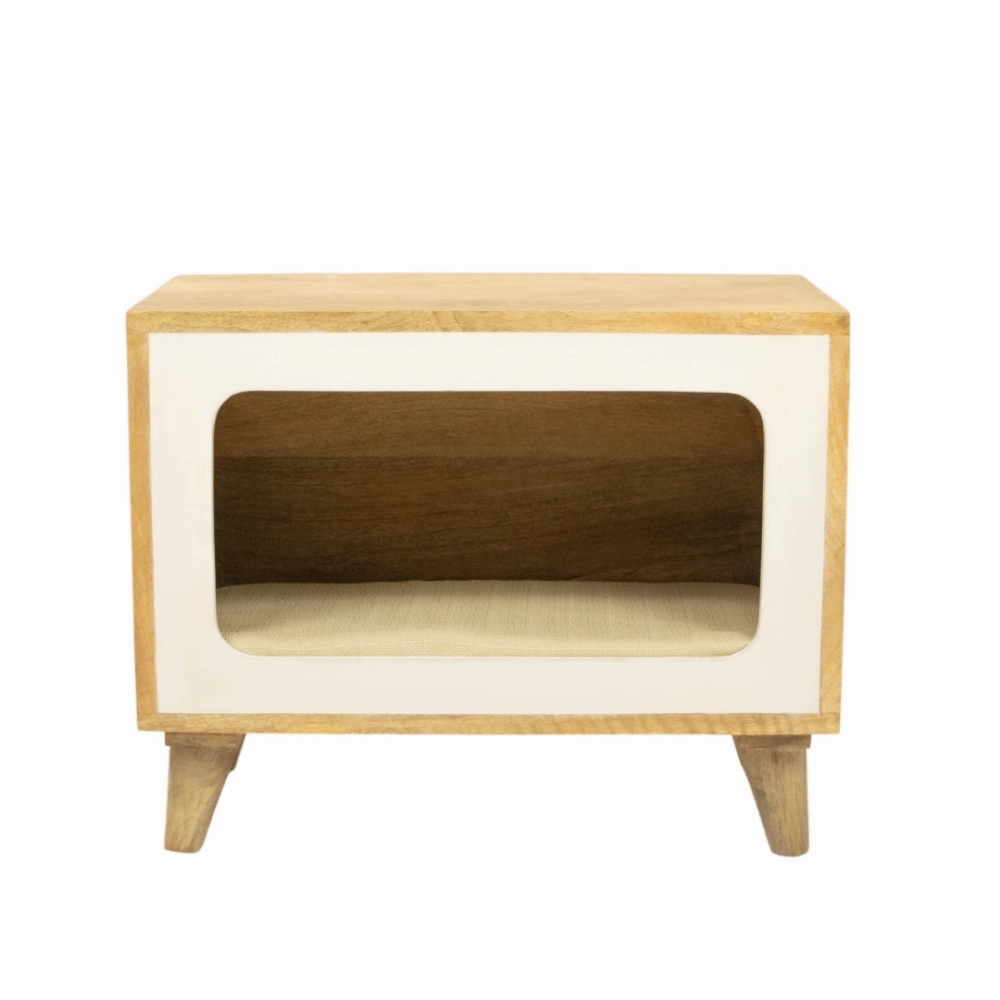 FurryLiving Telly Side Table with Cushion for Small Dogs and Cats (Oak/Cream Cushion)