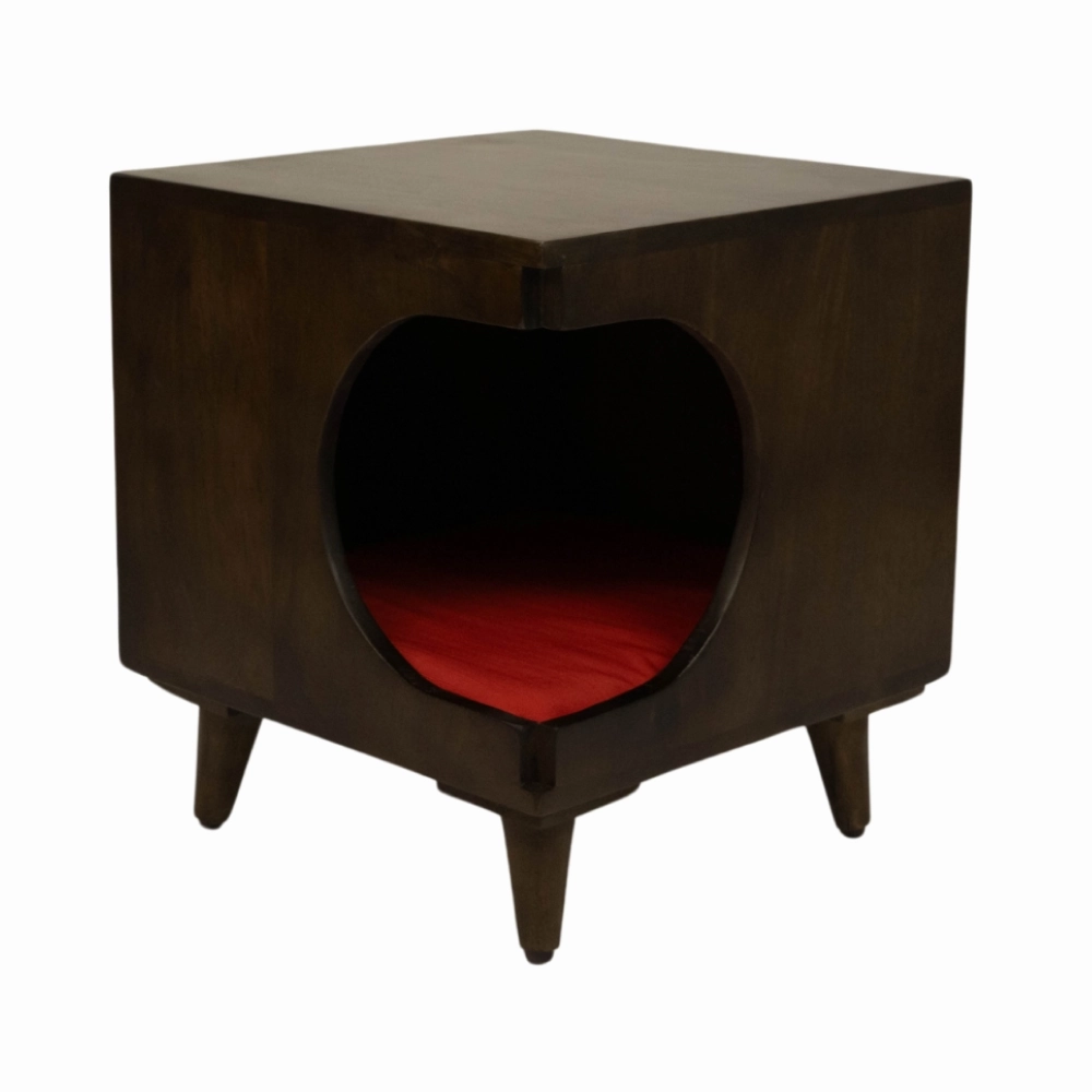FurryLiving Wally Side Table with Cushion for Small Dogs and Cats (Dark Brown/Red Cushion)