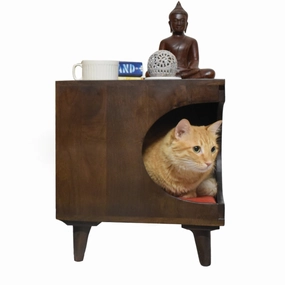 FurryLiving Wally Side Table with Cushion for Small Dogs and Cats (Dark Brown/Red Cushion)
