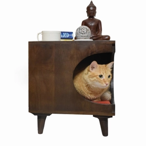 FurryLiving Wally Side Table with Cushion for Small Dogs and Cats (Dark Brown/Yellow Cushion)