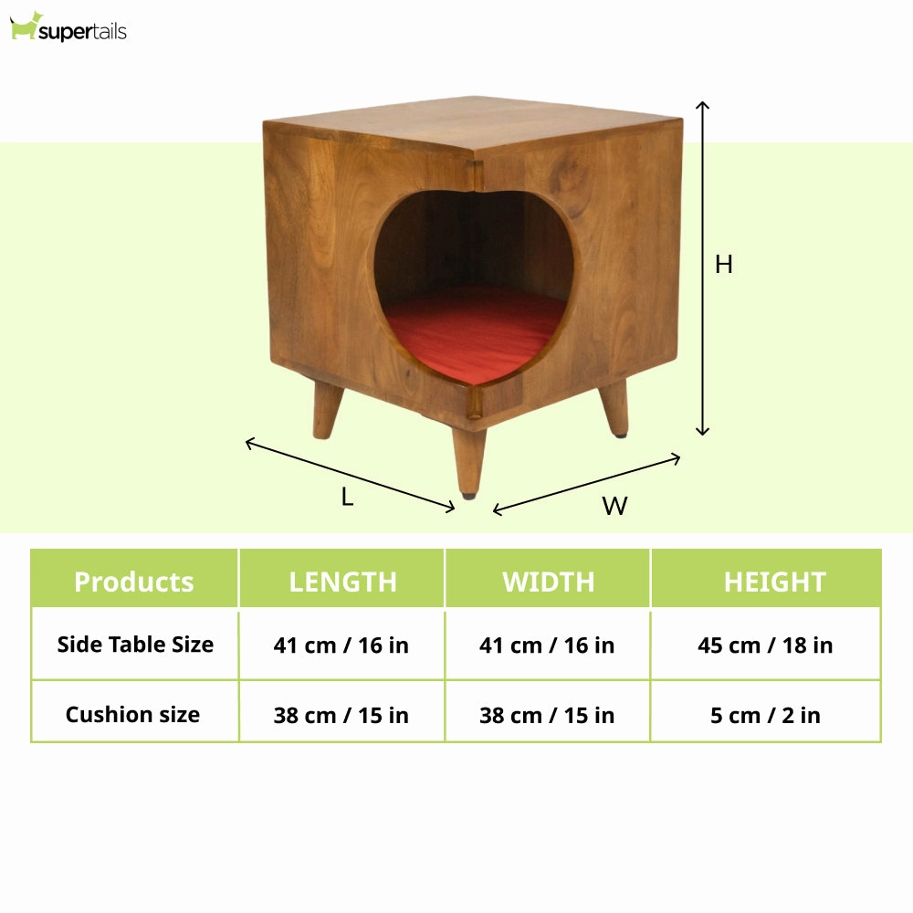 FurryLiving Wally Side Table with Cushion for Small Dogs and Cats (Honey/Red Cushion)