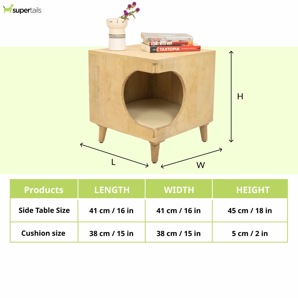 FurryLiving Wally Side Table with Cushion for Small Dogs and Cats (Oak/Cream Cushion)