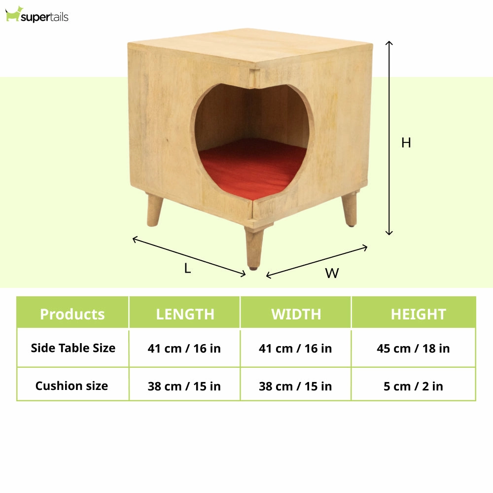 FurryLiving Wally Side Table with Cushion for Small Dogs and Cats (Oak/Red Cushion)