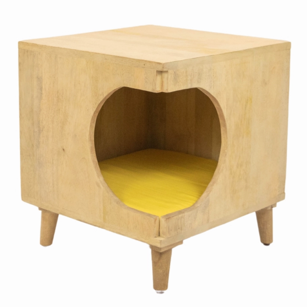 FurryLiving Wally Side Table with Cushion for Small Dogs and Cats (Oak/Yellow Cushion)