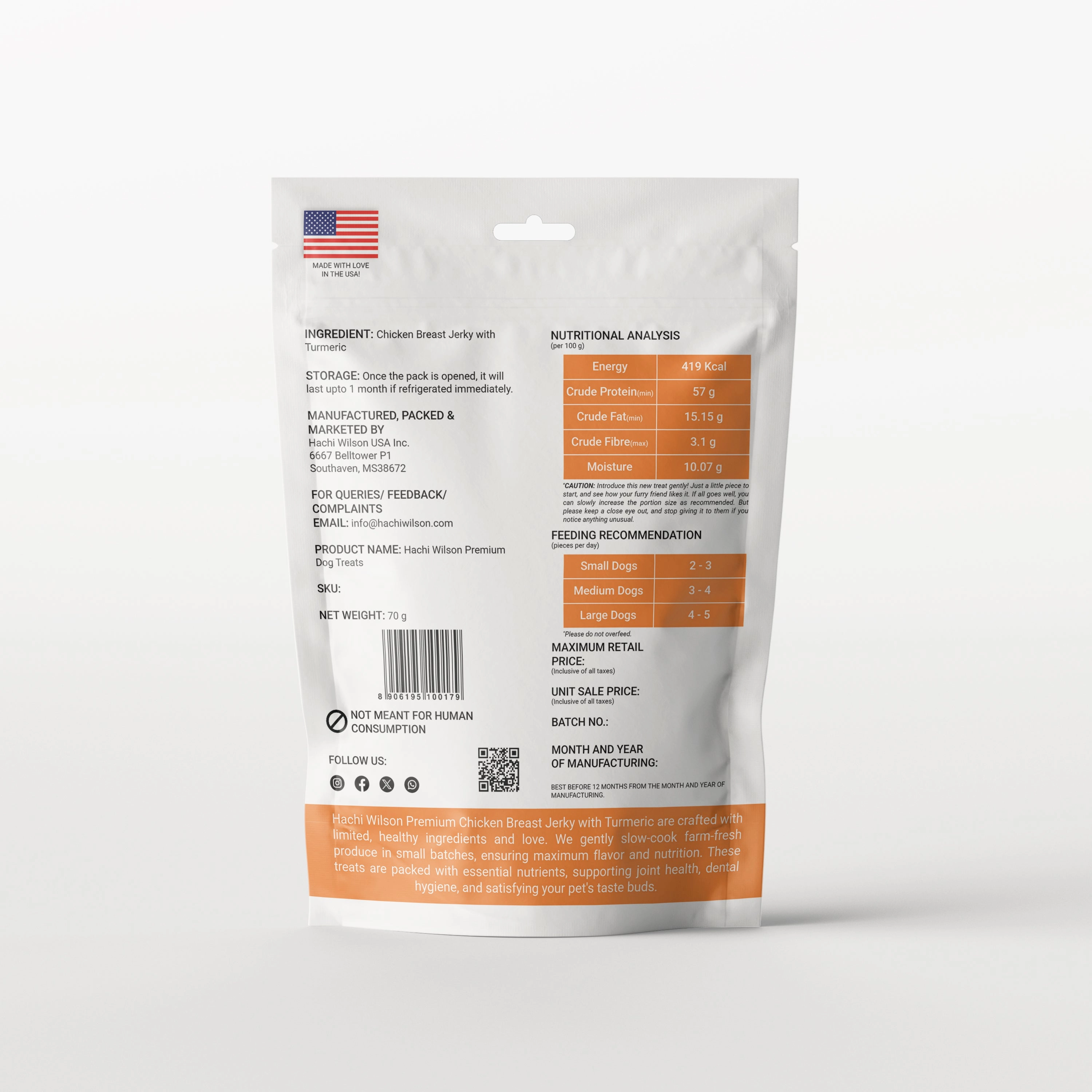 Hachi Wilson Premium Chicken Breast with Turmeric Jerky Dog Treat
