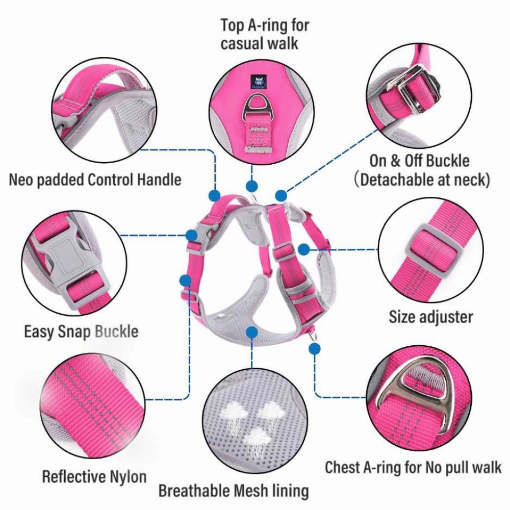 Hank 3M Reflective Harness for Puller Dogs (Grey/Pink)