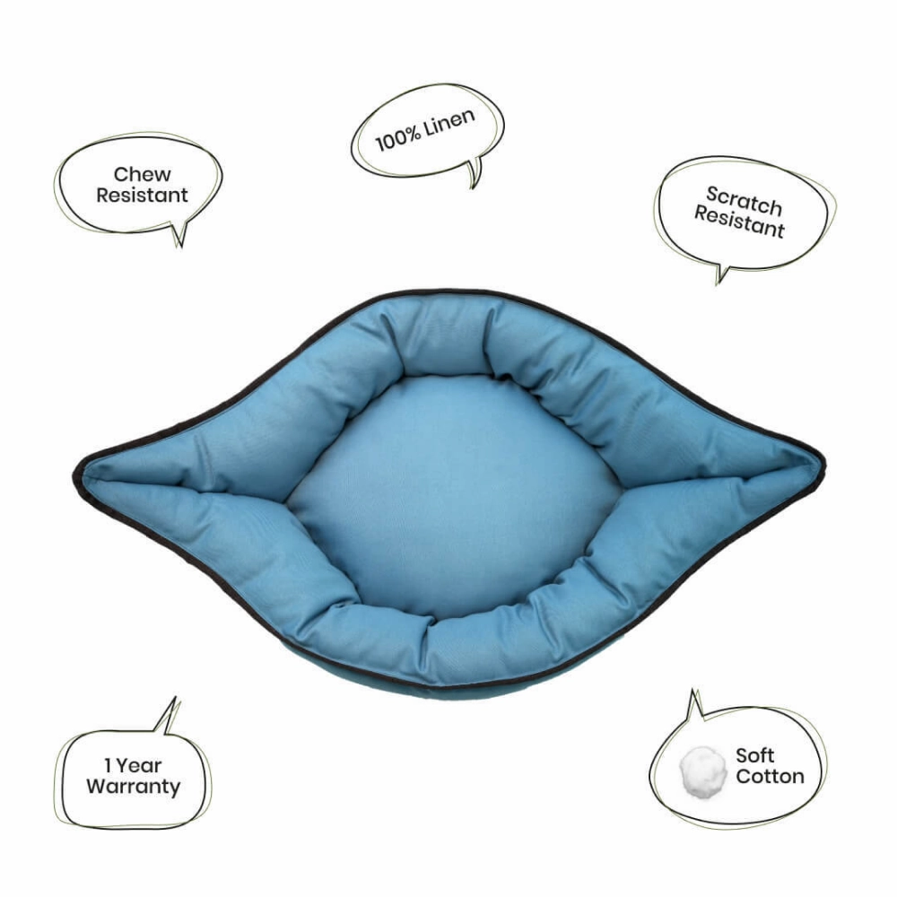 House of Furry Betty Boat Shaped 100% Linen Bolster Bed For Cats and Dogs (Sky Blue)