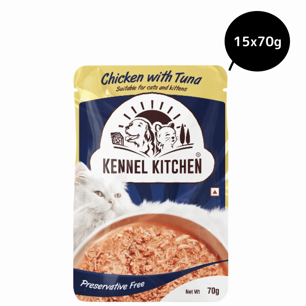 Kennel Kitchen Chicken with Tuna Shreds in Gravy Wet Food and Creameroo Crab with Mackerel Creamy Cat Treats Combo