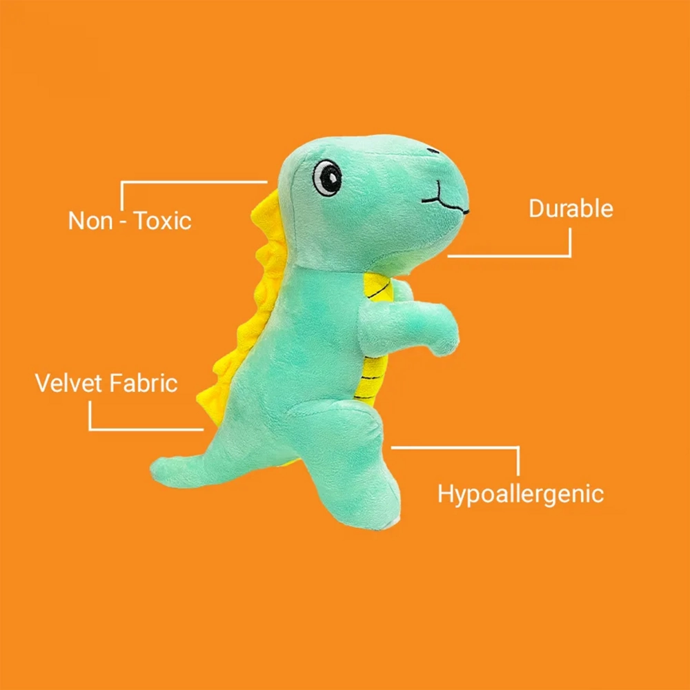 Kibbo Non Toxic & Durable Soft Stuffed Dinosaur Chew Toy for Dogs and Cats (Green/Yellow)