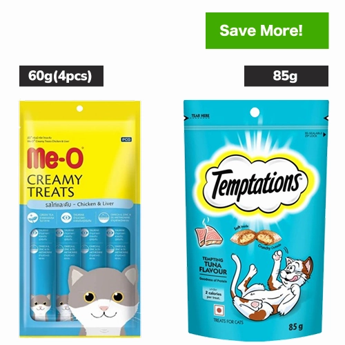 Me O Creamy Chicken & Liver and Temptations Tempting Tuna Flavor Cat Treats Combo