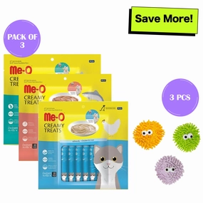 Me O Creamy Chicken & Liver, Salmon and Bonito Treats and Fofos Geek Ball Toy for Cats Combo