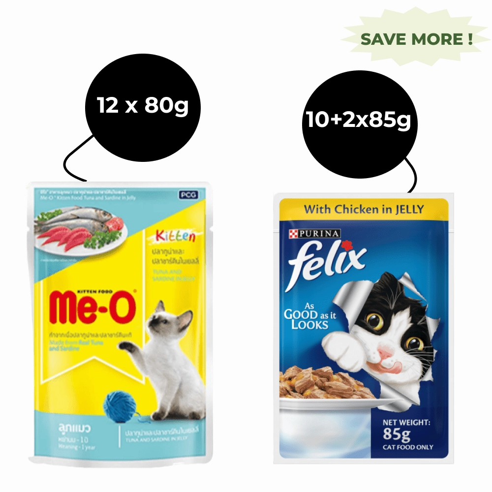 Me O Tuna & Sardine in Jelly Kitten and Purina Felix Chicken with Jelly Adult Cat Wet Food Combo (12 12)