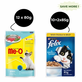 Me O Tuna & Sardine in Jelly Kitten and Purina Felix Chicken with Jelly Adult Cat Wet Food Combo (12 12)