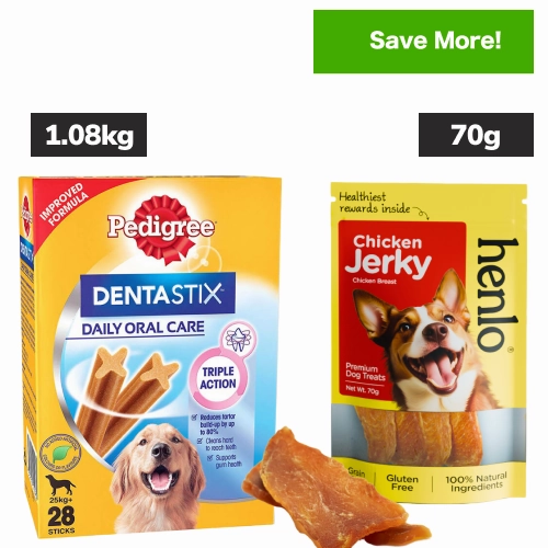 Pedigree Dentastix Oral Care for Adult (Large Breed of 25 kg ) and Henlo Chicken Jerky Dog Treats Combo