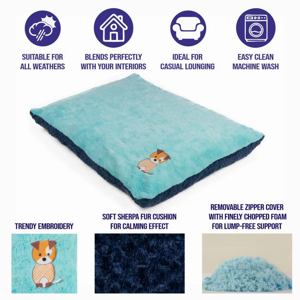 Petter World Luxury Reversible Chopped Foamed Pillow Bed with Soft Fur for Dogs (Turquoise)