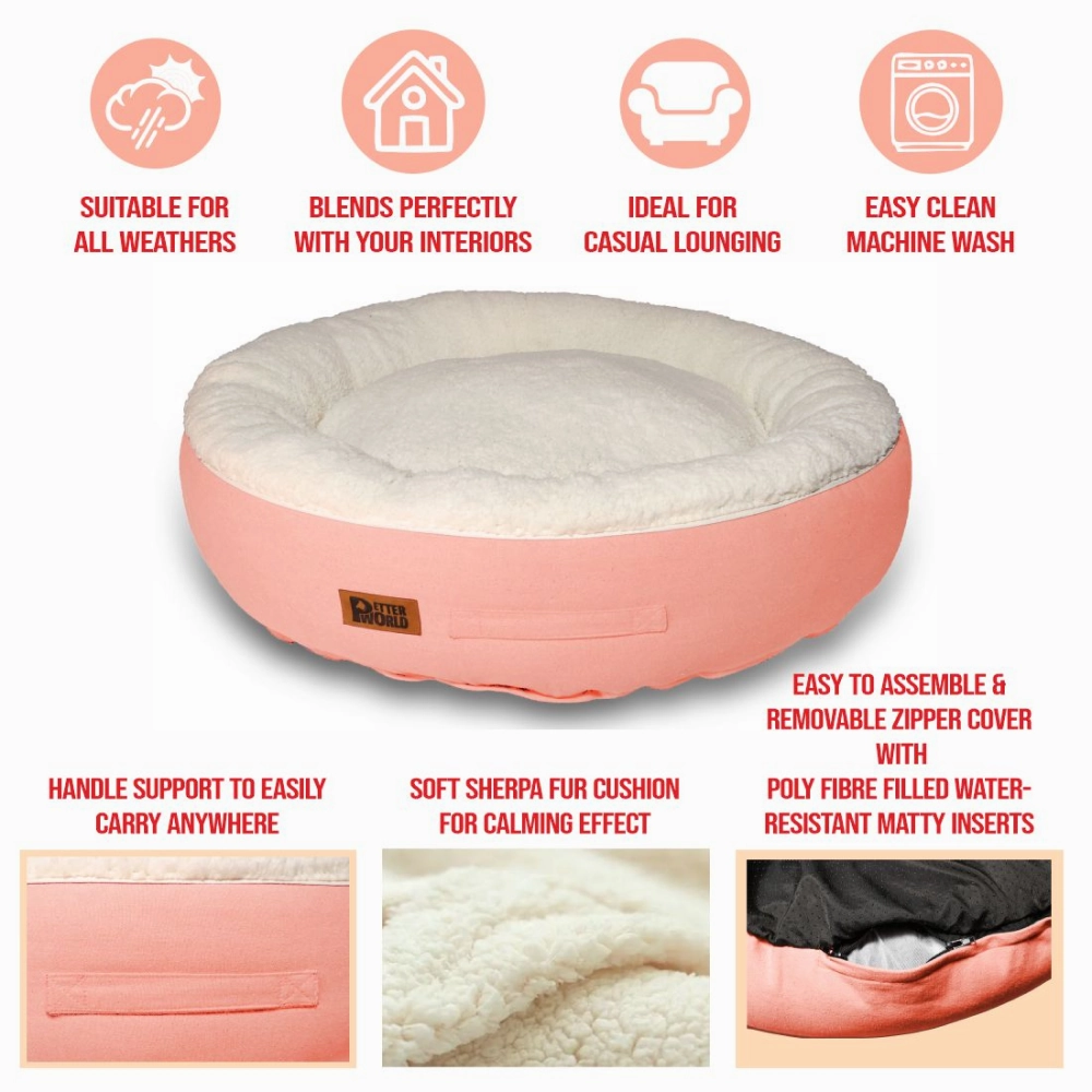 Petter World Ultra Luxury Cotton Canvas Donut Bed With Removable Sherpa Fur Cushion for Dogs (Peach Pearl)