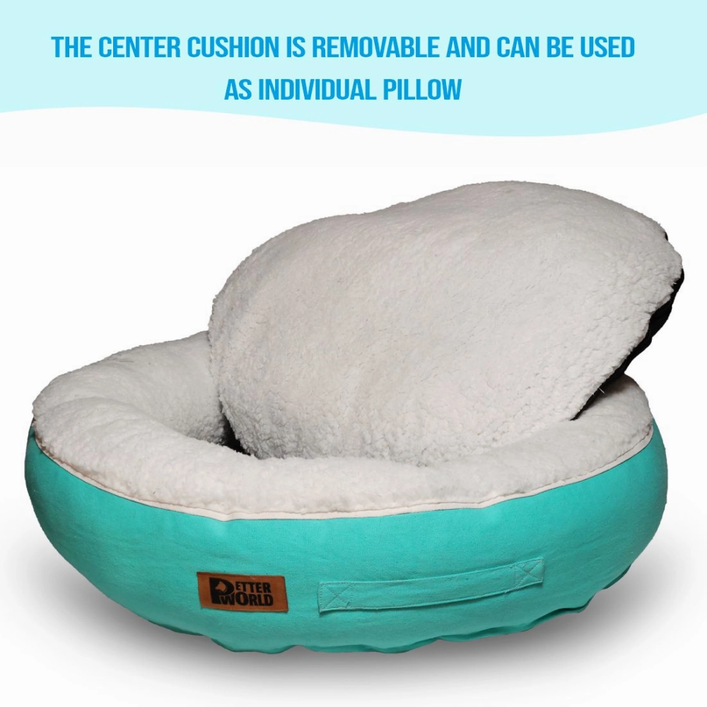 Petter World Ultra Luxury Cotton Canvas Donut Bed With Removable Sherpa Fur Cushion for Dogs (Turquoise)