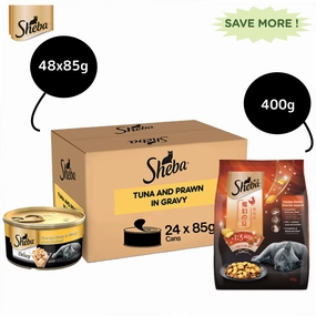 Sheba Tuna Fillet & Whole Prawns in Gravy Premium Cat Wet Food and Chicken Flavour Irresistible All Life Stage Cat Dry Food Combo