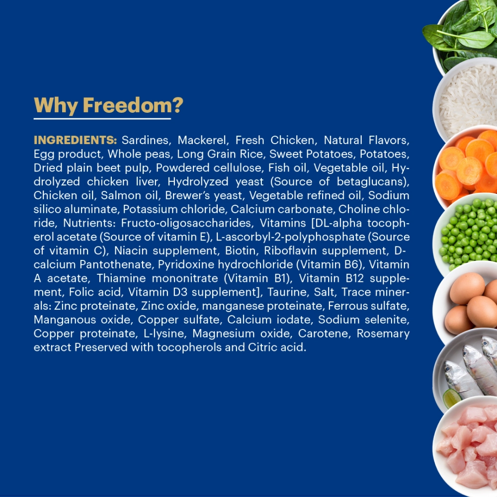 Signature Freedom Fish, Chicken and Peas Recipe Adult Cat Dry Food and Grain Zero Salmon Lickable Creamy Cat Treats Combo