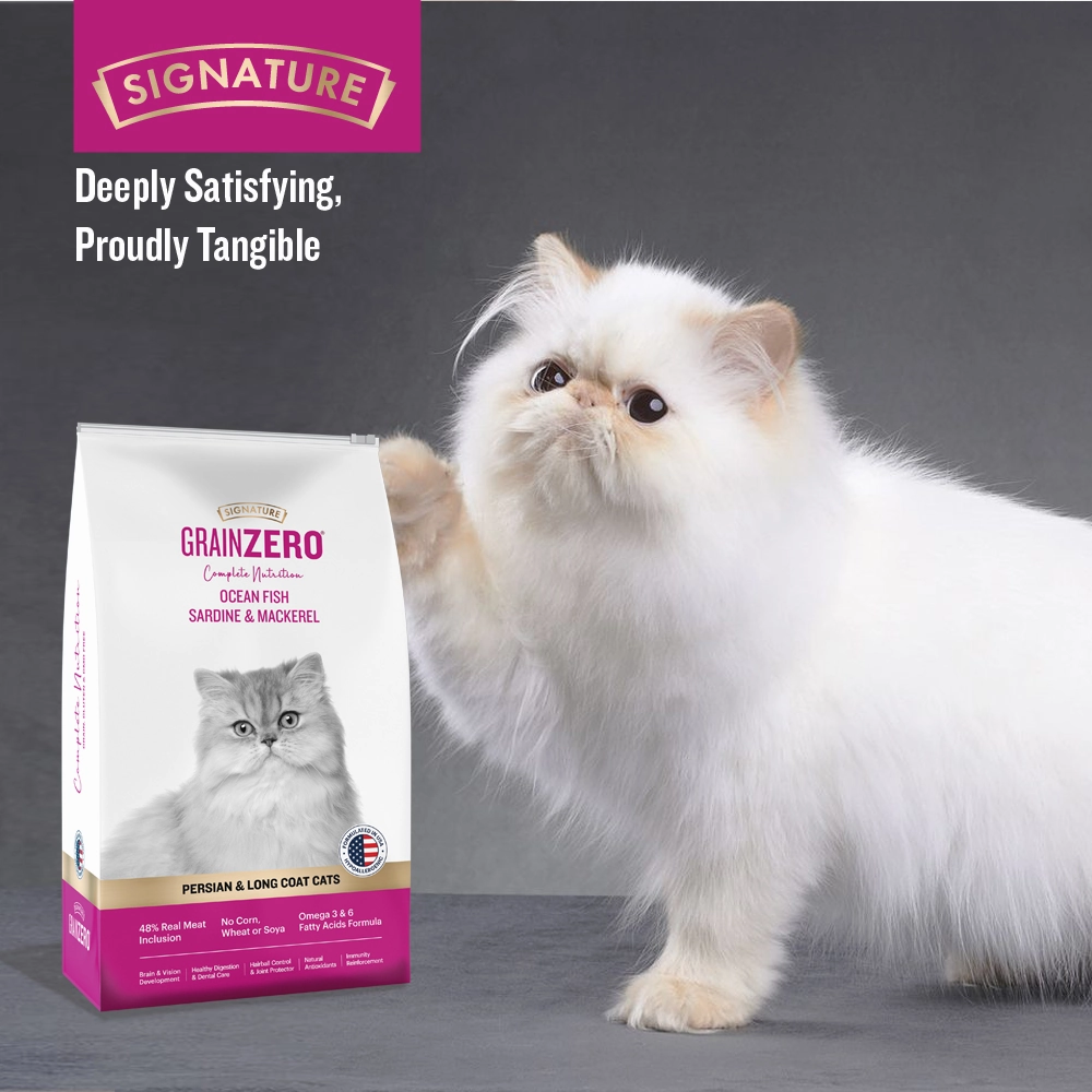 Signature Grain Zero Ocean Fish, Sardine and Mackerel Long Coat & Persian Adult Cat Dry Food and Grain Zero Crab Lickable Creamy Cat Treats Combo
