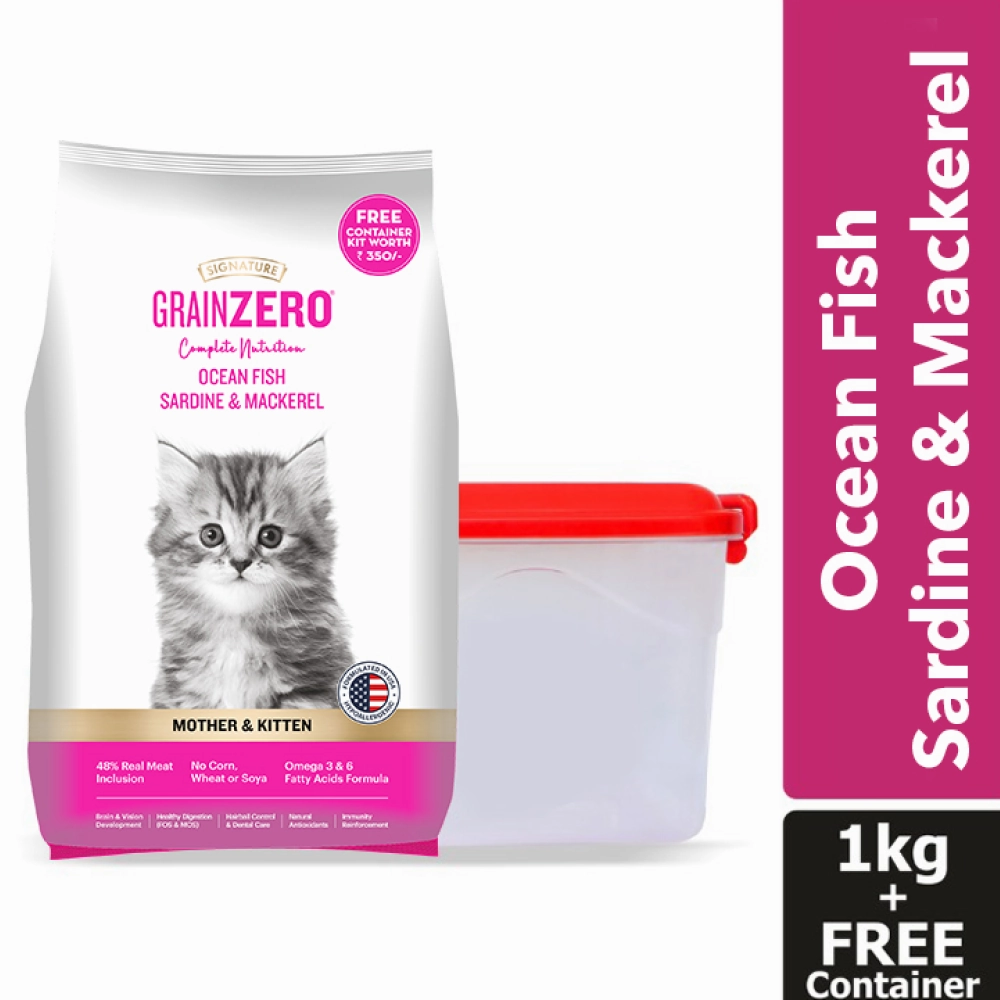 Signature Grain Zero Ocean Fish Sardine Mackerel Kitten Dry Food, Scoopy Lavender Natural Brown Sand Cat Litter Combo
