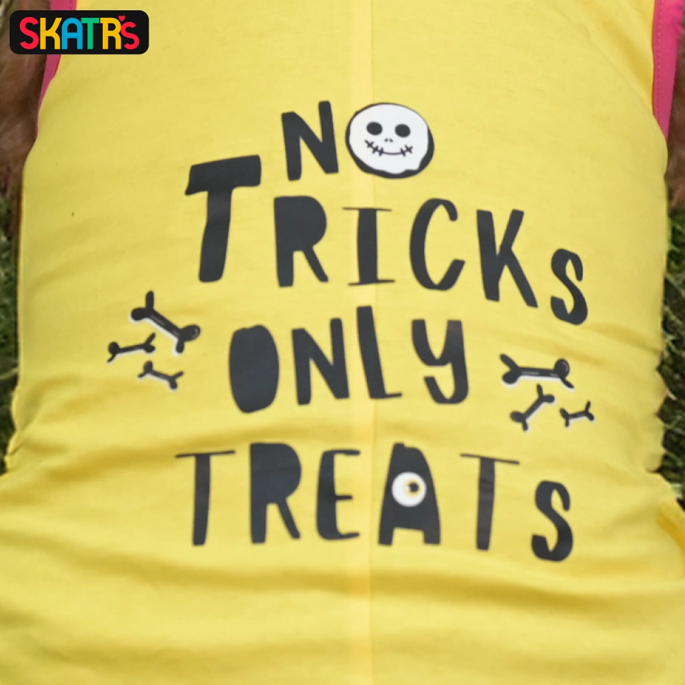 Skatrs No Tricks Only Treats Printed Summer Cotton T Shirt Dogs and Cats (Yellow)