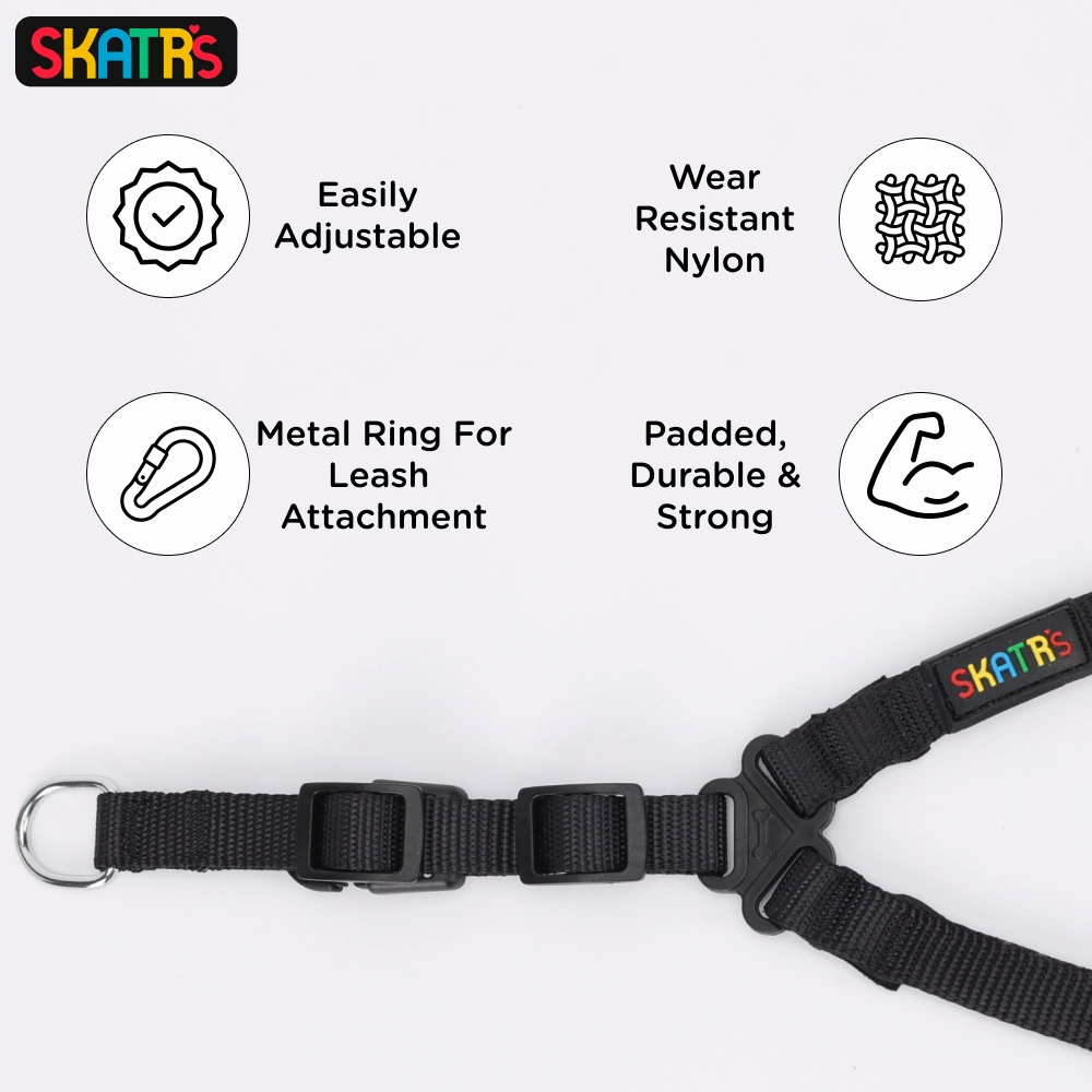 Skatrs Padded Nylon Y Harness for Dogs & Cats (Black)